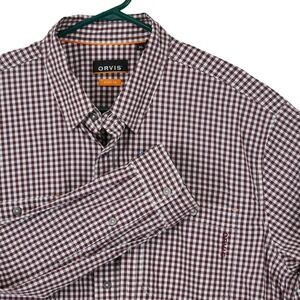 Orvis Mens XL Gingham Check Shirt Burgundy White River Guide Active Fit